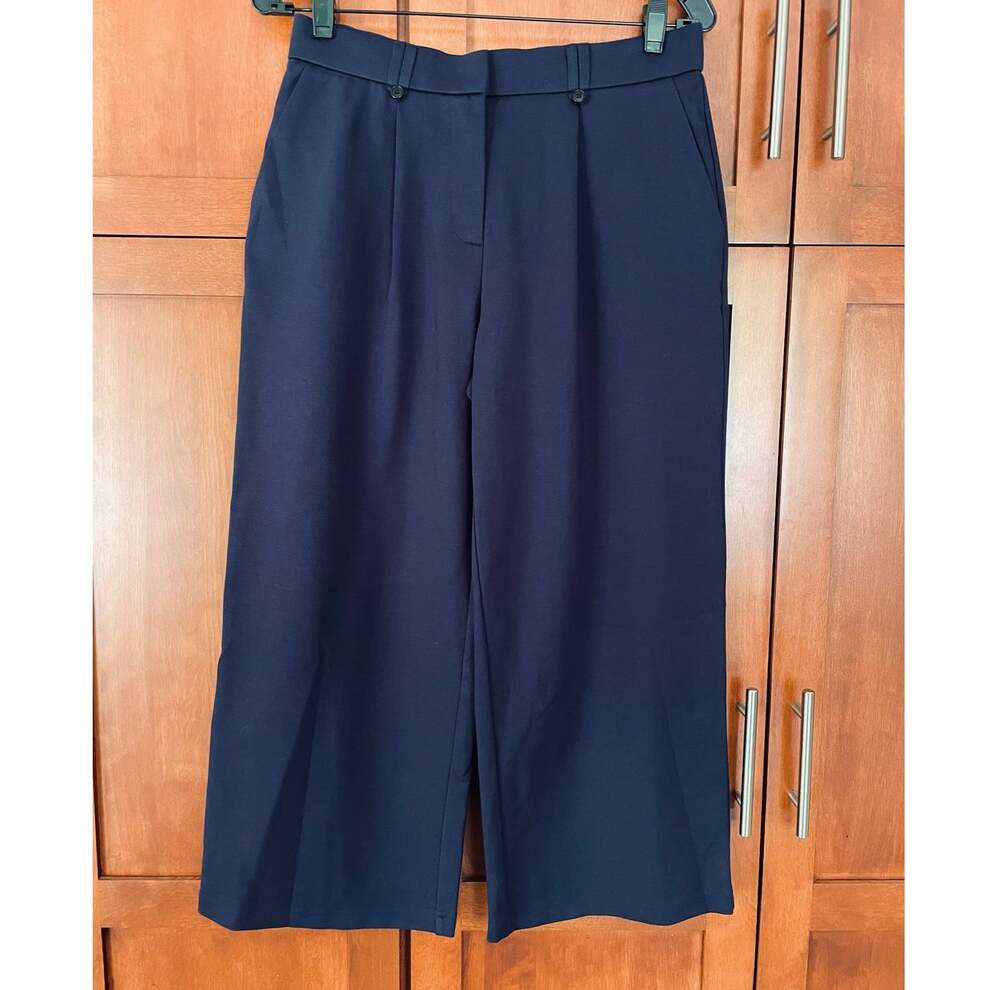 OGL Ponte Pants Cropped Pleated Wide Leg Navy Blue Size Small Petite NEW